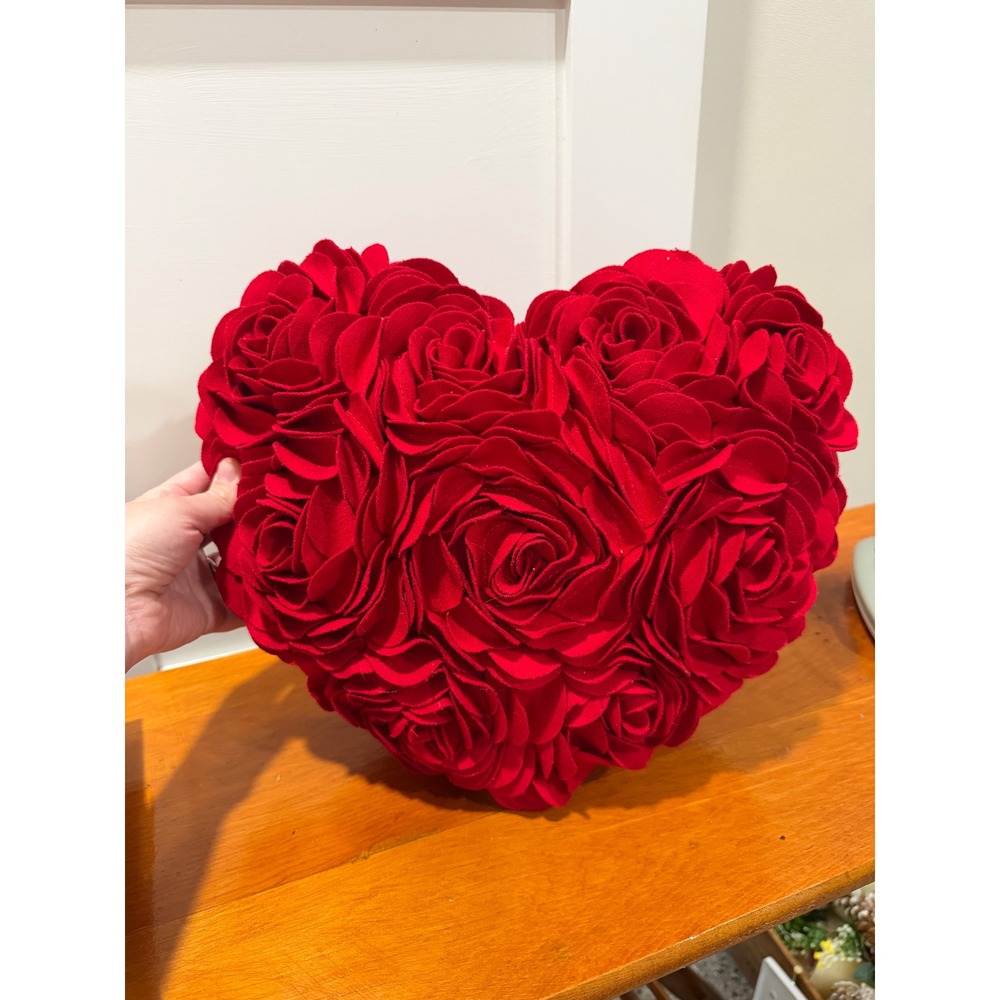 Red Rose Heart Shaped Decorative Pillow 3D Floral Rosette Accent Cushion